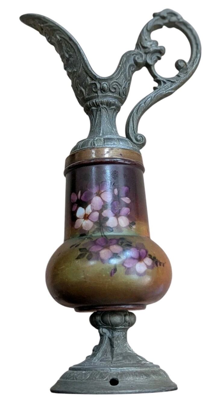 Antique Art Nouveau Glass Mantle Ewer Hand Painted Floral Bohemian Vase Pitcher